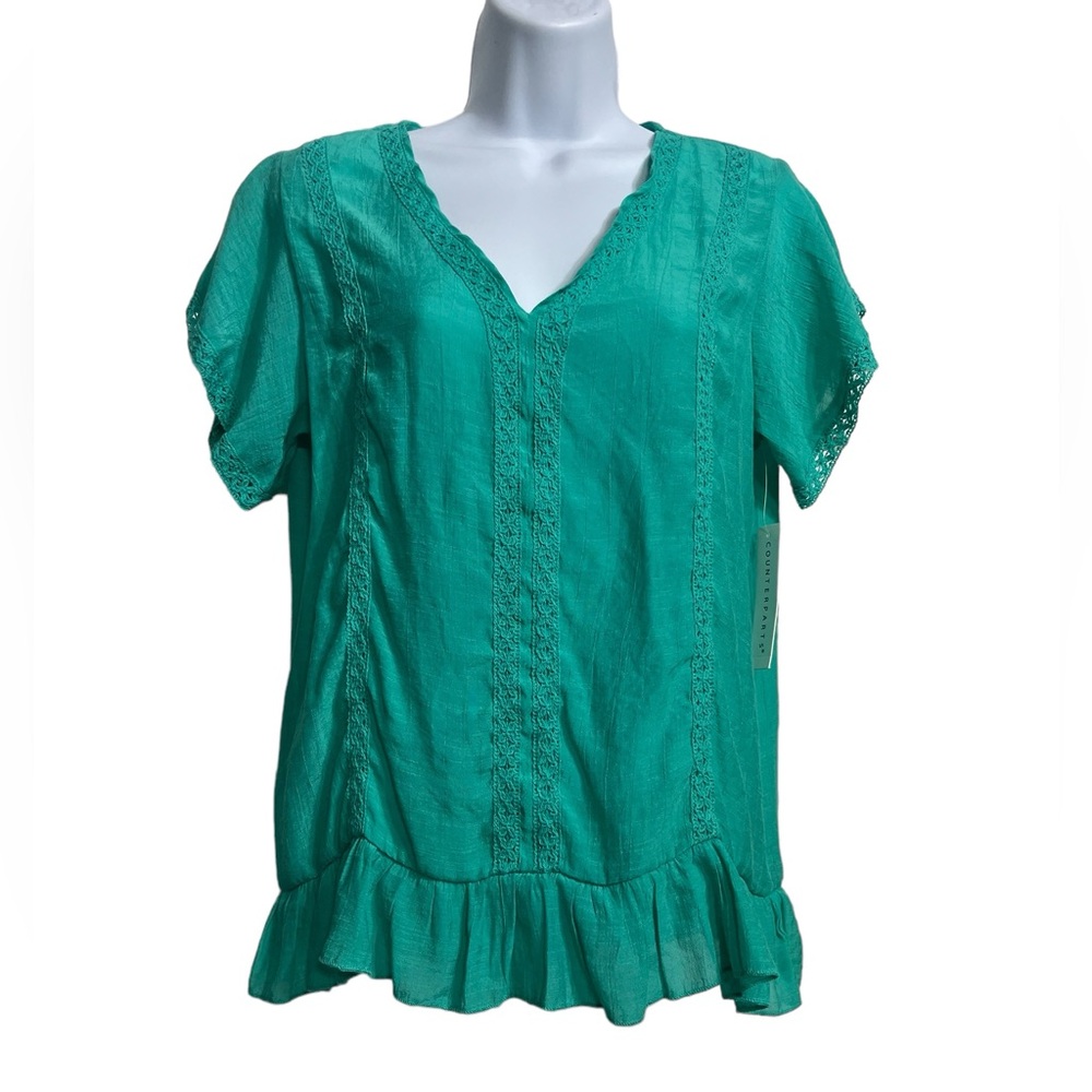 Counterparts teal v-neck short sleeve boho top with ruffle at hem